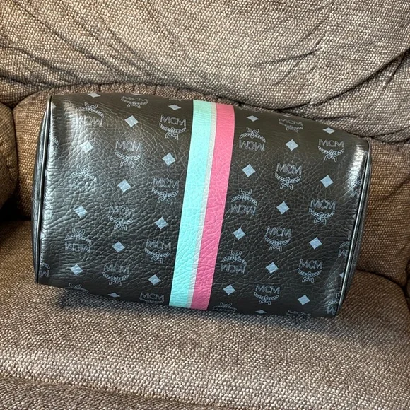 MCM Visetos Black Satchel with Pink and Teal Stripe - Picture 6 of 11